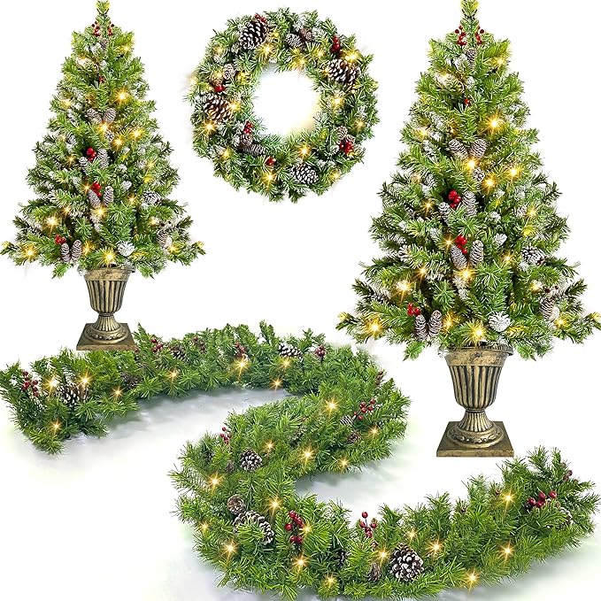 Merax Prelit Christmas Tree Set of 4pc, Set of 2 Artificial Potted Christmas Entrance Trees with Lights, Christmas Wreath, and 9FT Garland for Fireplace Front Porch Seasonal Holiday Decoration