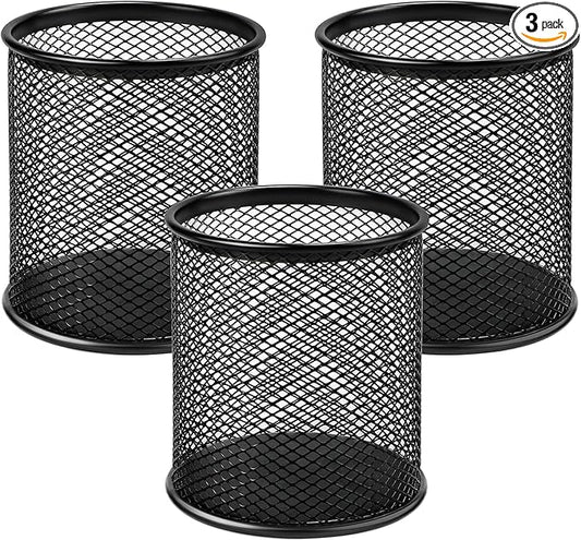 MaxGear Pen Holder, 3 Pack Pencil Holder for Desk, Premium Mesh Metal Desk Organizer with Non-Slip EVA Pad, Desk Accessories & Workspace Organizers for Home, School & Office, Black, 3.7’’ Tall