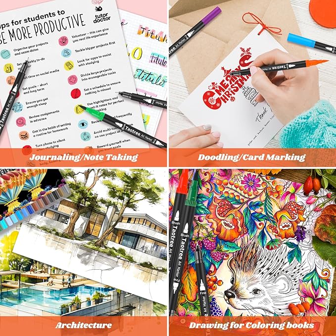 Taotree 36 Colors Dual Tip Art Markers Pens for Adult Coloring Books, Artist Fine & Brush Tip Coloring Marker Drawing Pens for Journaling Note Taking Lettering Calligraphy Craft Art Supplies Set