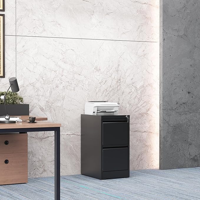 2 Drawer File Cabinet with Lock, Steel Vertical Filing Storage Cabinet for Home Office, Heavy-Duty File Cabinets for Letters/Legal/A4 (Require Assembly, Black)