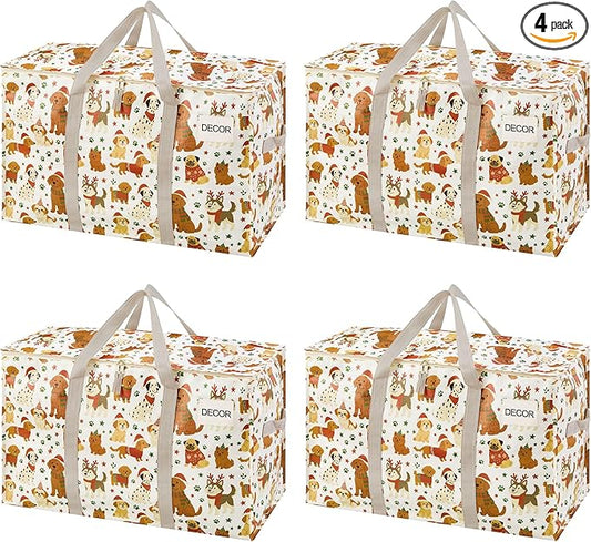 VENO 4 Pack Moving Bags and Large Christmas Storage Bins with lids. Alternative to Moving Boxes, Packing Supplies for College. Extra Large Heavy Duty Totes for Packaging (Holiday Pups, 4 Pack)
