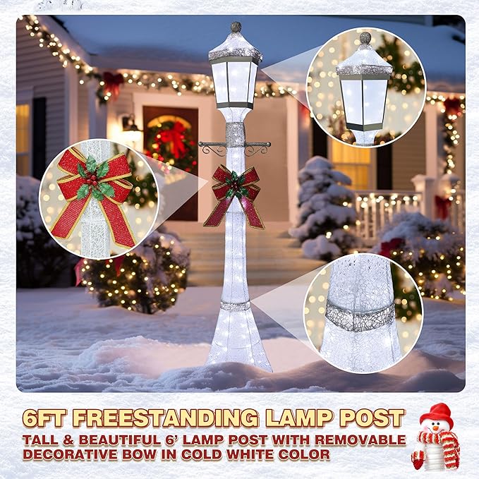BlueWish 6FT Pre-Lit Freestanding Lamp Post for Christmas Decorations Outdoor, White Post Lamp with Removable Decorative Bow, Lighted Post Christmas Decoration with 120 LED Lights for Yard, Patio