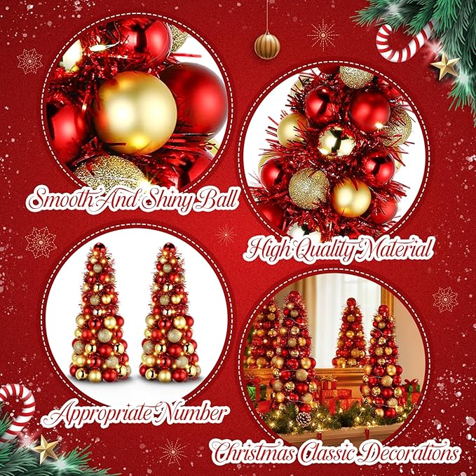 Meooeck 2 Pcs Christmas Ball Tree with Lights 16 Inch LED Fireplace Table Holiday Xmas Tree Decorations Tabletop Christmas Beach Decorations for Party(Red,Gold)