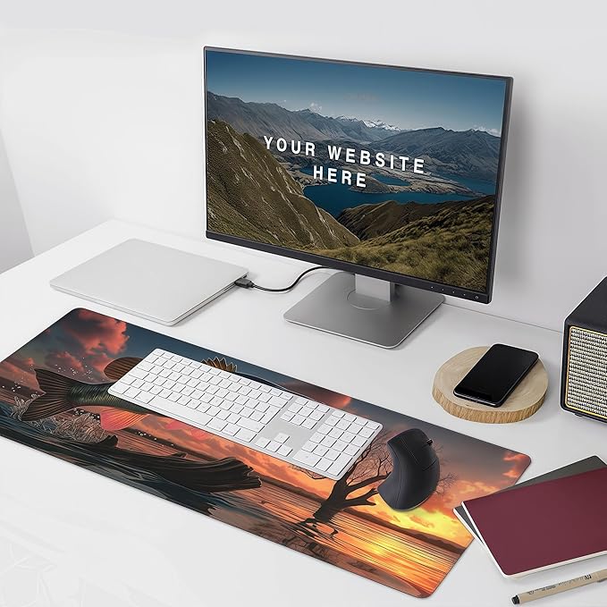 Large Gaming Mouse Pad with Bass Fish Sunset Design, Non-Slip Rubber Base, Stitched Edges, Extended Size 35.4 x 15.8 inches