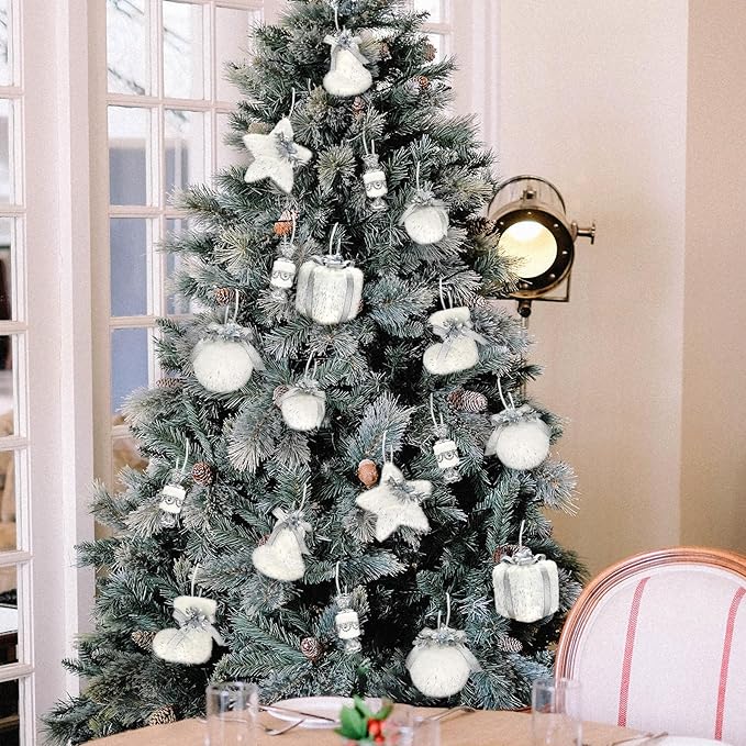 Nature Vibe Set of 4 Faux Fur White Christmas Ornaments Box Pack,Christmas Balls with Silver Accent as Christmas Tree Decorations or Winter Wonderland Decorations