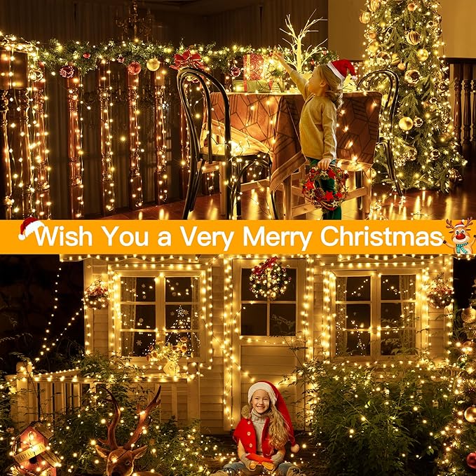 Ollny Christmas Lights 800 LED 262 FT Plug in, IP67 Waterproof Green Wire Outdoor Christmas Lights with Remote, 8 Modes and Timer Outdoor String Light for House Indoor Xmas Decorations (Warm White)