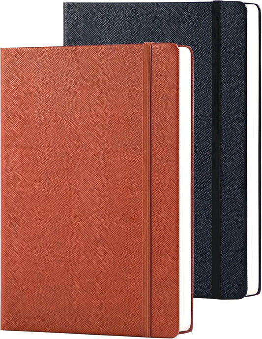 Lined Journal Notebooks for Work 2 Pack, 320 Pages, Medium 5.5 in x 8.5 in - 100 GSM Thick Paper, Hardcover Journal Leather Notebook for Writing & Note Taking, Brown & Black