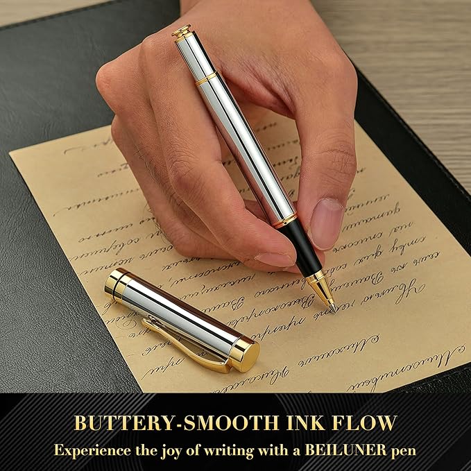 BEILUNER Personalized Ballpoint Pens, Stunning Bright Silver Chrome Metal Pen with Golden Trim, Fancy Ball Pen Gift Set for Men & Women, Graduation,Office, Nice Gift Box with 0.5mm Black Spare Refill