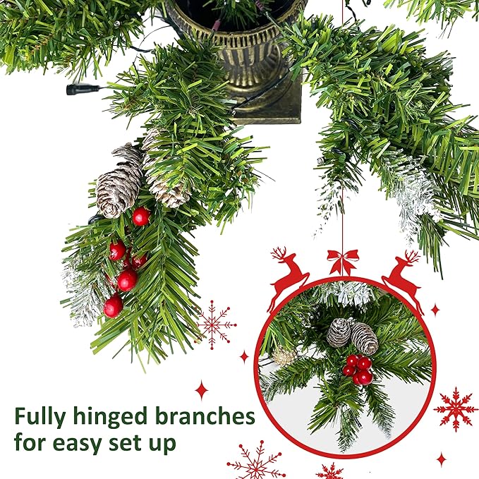 Merax Prelit Christmas Tree Set of 4pc, Set of 2 Artificial Potted Christmas Entrance Trees with Lights, Christmas Wreath, and 9FT Garland for Fireplace Front Porch Seasonal Holiday Decoration