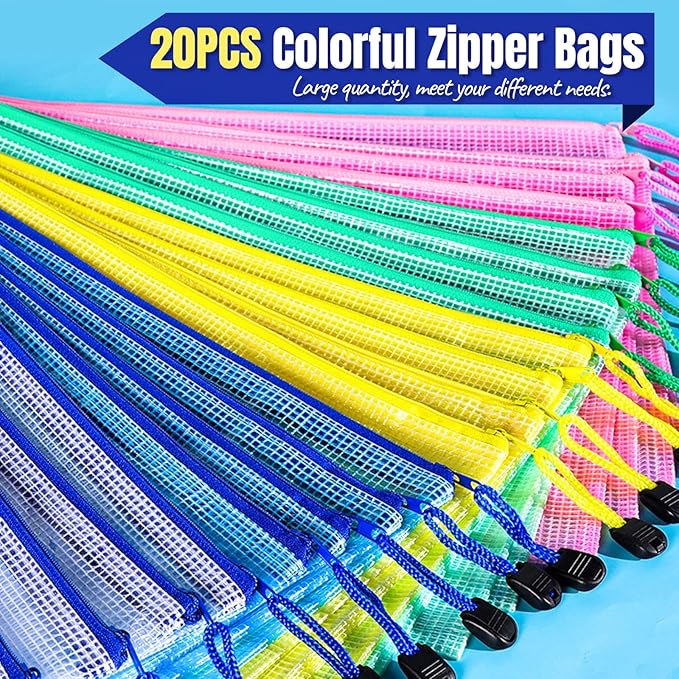 LEOBRO 20PCS Mesh Zipper Pouch, A4 Letter Size Mesh Bags with Zipper, Document Bags, Plastic Envelopes Zip File Folders, Storage Bags for Organization, Travel, File Jackets & File Pockets