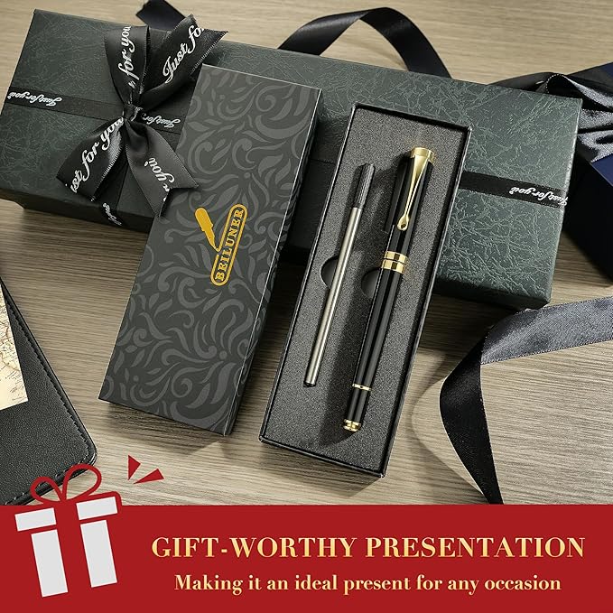 BEILUNER Ballpoint Pens, Stunning Black Chrome Metal Pen with Golden Trim, Best Ball Pen Gift Set for Men & Women, Professional, Executive, Office, Nice Pens-Gift Box with 0.5mm Black Extra Refill