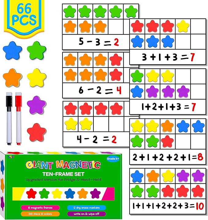 Magnetic Ten-Frame Set, 6 Frames & 66 Colorful Star-Shaped Counters Ten Frame Math Games Manipulative Counting Toys for Kindergarten Preschool, 6 Colors & 2 Markers (Fridge & Hand-held)