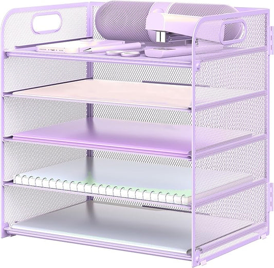 Letter Tray Paper Organizer 5-Tier Desk Organizer File Organizer Paper Holder with Handle, Metal Desktop Document Shelf Tray Office Classroom Organization - Purple
