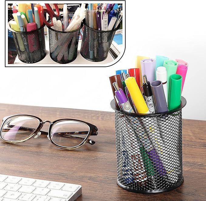 Mr. Pen- 3pcs Metal Mesh Pencil Cup Holder, Black Organizer for Desk, Pen Cups