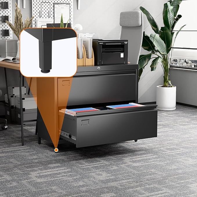 Metal Lateral File Cabinet with 2 Drawer,Metal Filing Cabinets with Lock for Home Office A4 and Letter Size Files, Printer Stand, Assemble Required,Black