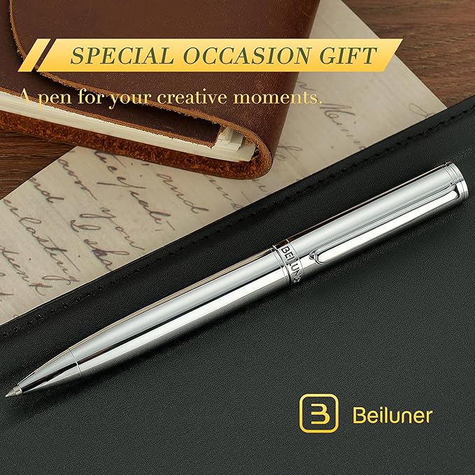 BEILUNER Silver Gel Pen - Luxury Featuring Bright Chrome Finishes, Black Ink Refill, Best Pen Gift Set for Men & Women, Business Signature, Executive, Office Retractable,Nice Fancy Designer Pens