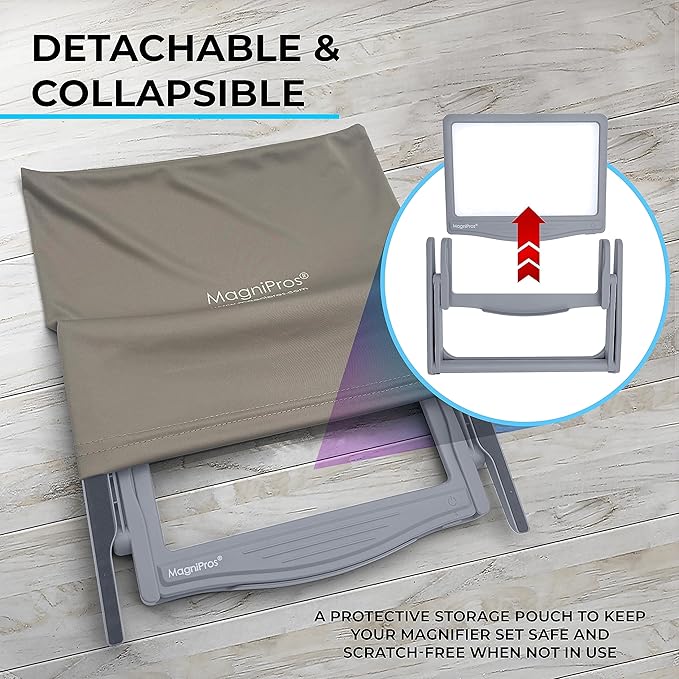 MAGNIPROS 5X [Rechargeable] LED Page Magnifier | 3 Stepless Color Light Modes | Foldable & Detachable HandsFree Stand for Easy Reading Fine Print & Crafting | Perfect for Low Vision, Seniors, Hobbyist