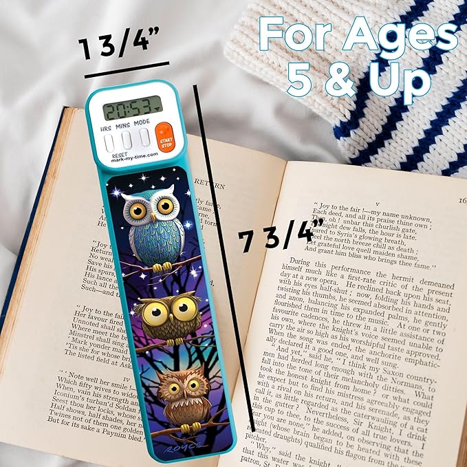 Mark-My-Time - Digital Bookmark - Mark My Time Reading Timer and Bookmark for Kids, Cool Bookmarks and Reading Incentives, Christmas Gift & Stocking Stuffer for Book Lovers - 3D Owls