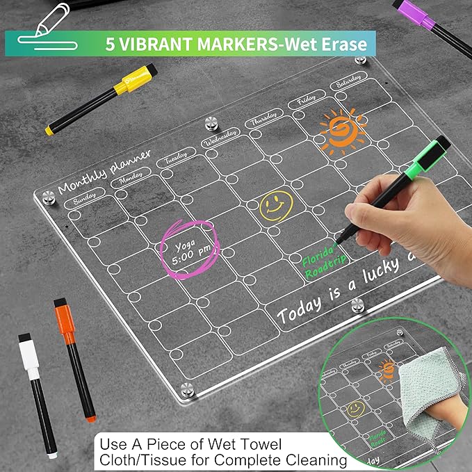 Magnetic Acrylic Calendar for Fridge Magnetic Calendar for Refrigerator, 16"X12" Clear Monthly Weekly Planner 3 Pcs Acrylic Dry Erase Board Magnet Whiteboard