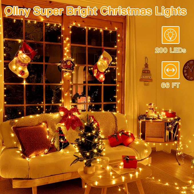 Ollny Christmas Lights, 66FT 200LED Christmas Tree Lights with 11 Modes Remote Control IP44 Waterproof Color Changing Outdoor Christmas Lights for Outside Indoor Patio Xmas Decorations