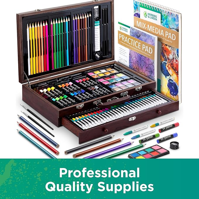 Norberg & Linden 144-Piece Art Set in Wooden Box with Drawer - Art Set for Adults, Teens, Kids - Premium Art Supplies - Includes Watercolors, Oil Pastels, Crayons, & More