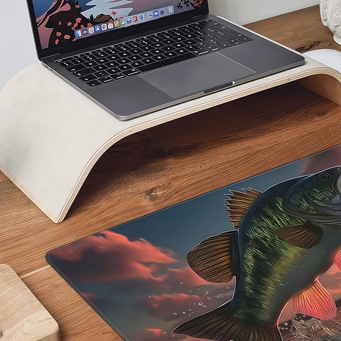 Large Gaming Mouse Pad with Bass Fish Sunset Design, Non-Slip Rubber Base, Stitched Edges, Extended Size 35.4 x 15.8 inches