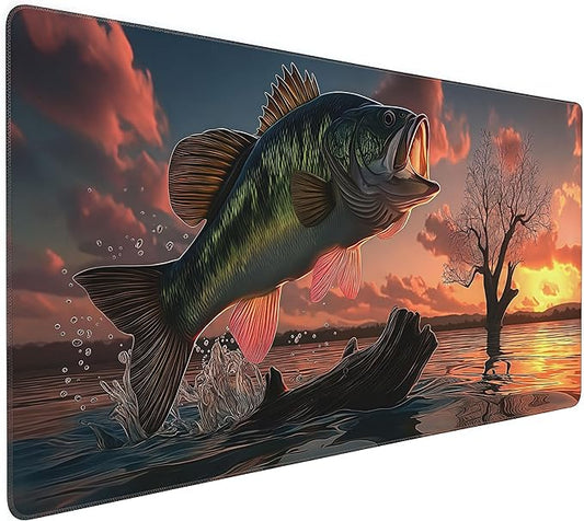 Large Gaming Mouse Pad with Bass Fish Sunset Design, Non-Slip Rubber Base, Stitched Edges, Extended Size 35.4 x 15.8 inches
