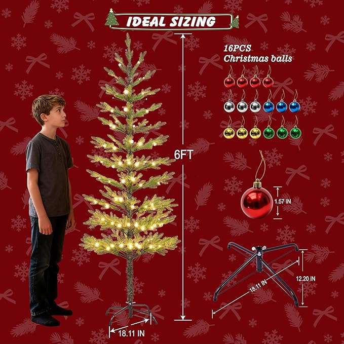 Lightshare 6FT 132L Warm White Pine Needle Christmas Tree with Ornaments, Remote & Dimmable Transformer