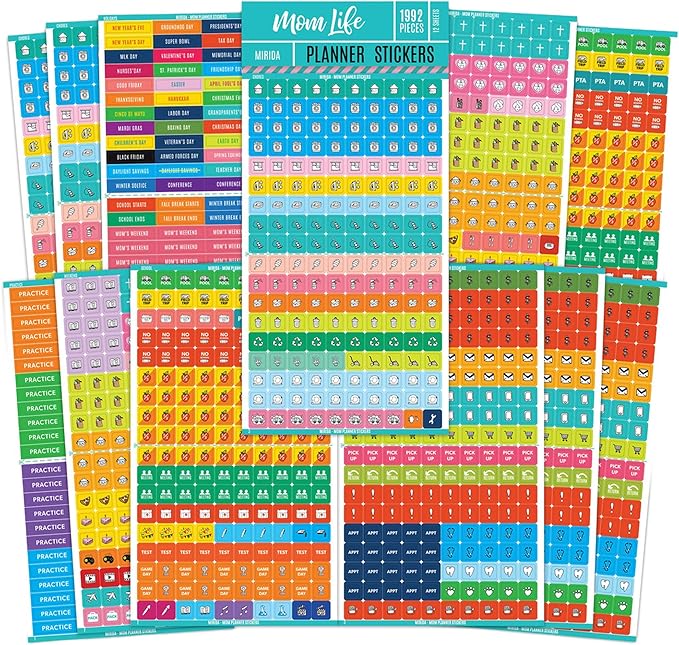 Mirida Planner Stickers - 1900+ Mom Calendar Icons, Variety Pack - Household Chores, Budget, Kids’ School Events, Daily Errands for Adults Organizer
