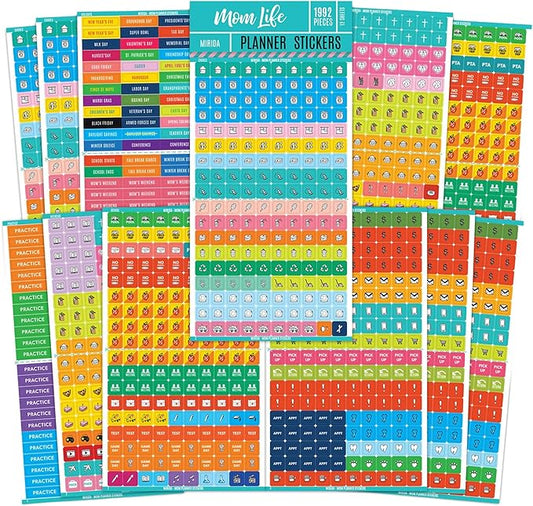 Mirida Planner Stickers - 1900+ Mom Calendar Icons, Variety Pack - Household Chores, Budget, Kids’ School Events, Daily Errands for Adults Organizer
