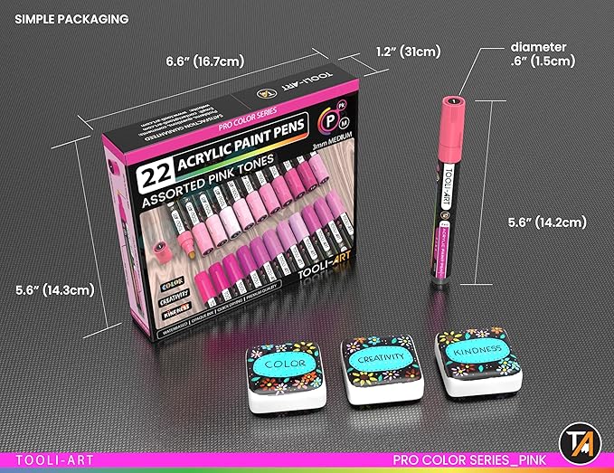 TOOLI-ART 22 Acrylic Paint Markers Paint Pens Pro Color Series Set 3mm Medium Tip for Rock Painting, Glass, Mugs, Wood, Metal, Glass Paint, Canvas, DIY. Non Toxic, Waterbased, Quick Drying (PINK)