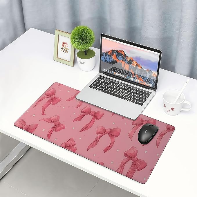 Large Pink Mouse Pad with Bows, Non-Slip Desk Mat for Laptop PC, Gaming Mousepad, 35.4 x 15.8 inches