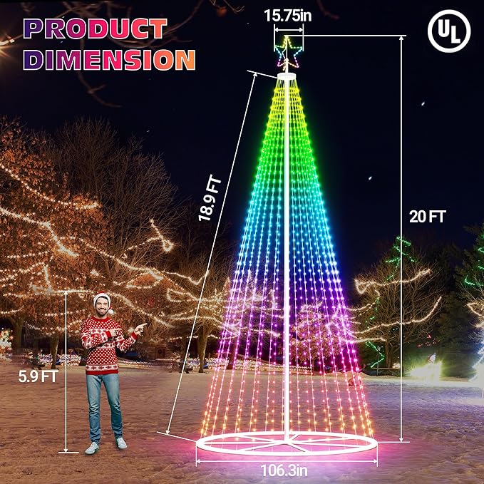 Led Outdoor Christmas Tree, 20 FT Prelit Smart Outside Christmas Tree Light Show, App Control with 660 LED Lights Color Changing, Music Sync, Cone Tall Star Topped Christmas Tree for Yard & Garden
