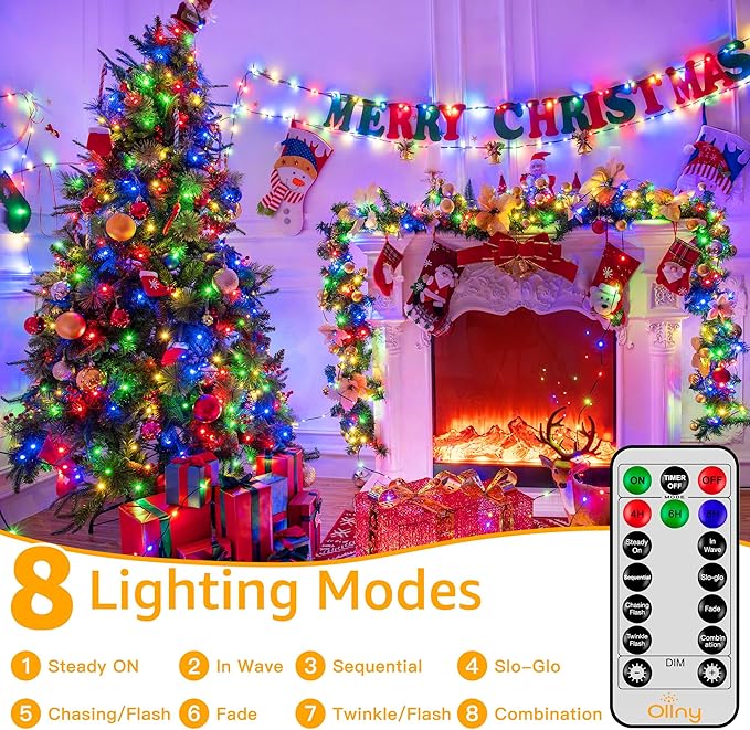 Ollny Christmas Lights, 198 FT 600 LED Outdoor Waterproof Plug in Christmas Tree Lights with 8 Modes Remote Timer, String Lights for House Yard Outside Indoor Xmas Decorations Multicolor