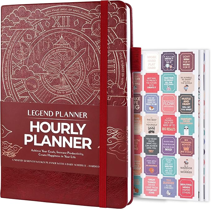Legend Planner Hourly Schedule Edition – Deluxe Weekly & Daily Organizer with Time Slots. Time Management Appointment Book Journal for Work & Personal Life, Undated, A5 Hardcover – Wine Red, Gold Foil