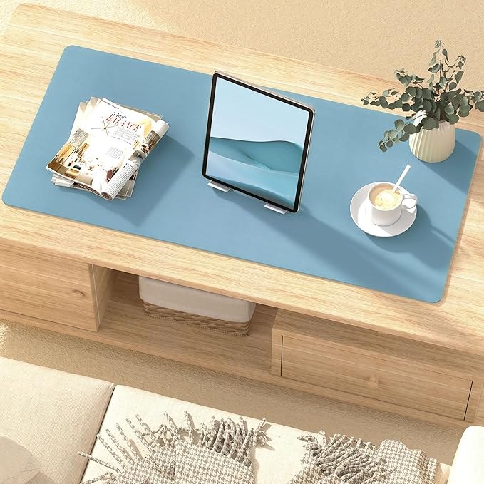 Leather Desk Pad Protector, Mouse Pad, Non-slip Computer Mat for Desk, PU Leather Office Desk Mat for Home & office, Waterproof Laptop Desk Blotter Pad for Keyboard and Mouse, Sky Blue (13.7''X23.6'')