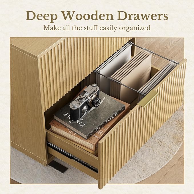 2 Drawer Fluted File Cabinet, 32'' Lateral File Cabinet for Legal/Letter/A4/F4 Size Hanging Files, Wood File Storage for Home Office, Light Walnut