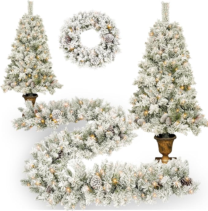 Merax Prelit Christmas Tree Set of 4pc, Set of 2 Artificial Potted Christmas Entrance Trees with Lights, Christmas Wreath, and 9FT Garland for Fireplace Front Porch Seasonal Holiday Decoration
