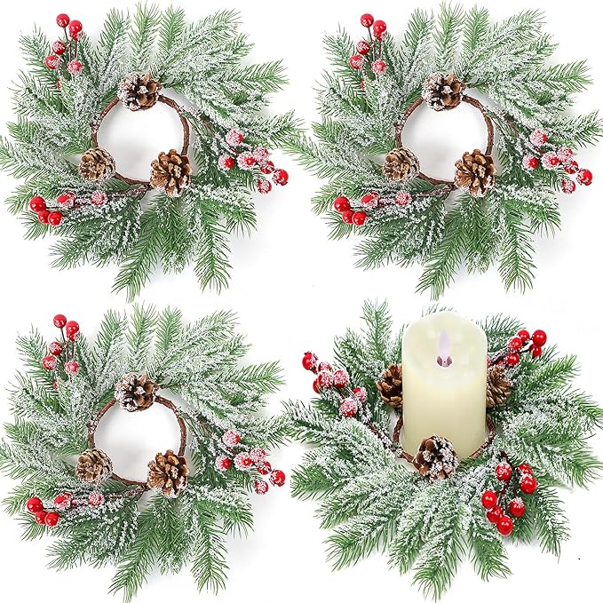 Christmas Candle Rings - Set of 4 Artificial Red Berries and Pinecones Candle Rings 10 Inch Xmas Candle Wreaths for Christmas Thanksgiving Kitchen Window Table Centerpieces