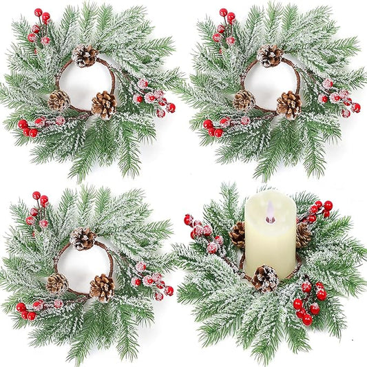 Christmas Candle Rings - Set of 4 Artificial Red Berries and Pinecones Candle Rings 10 Inch Xmas Candle Wreaths for Christmas Thanksgiving Kitchen Window Table Centerpieces