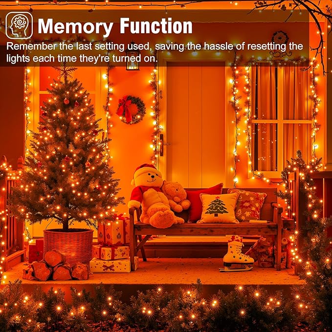 Orange Christmas Lights Outdoor, 100FT 300 LED Christmas String Lights with 8 Modes Waterproof, Plug in Green Wire Twinkle Tree Light for Indoor Patio Yard Party Holiday Decorations