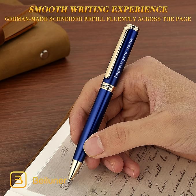 BEILUNER Personalized Blue Lacquer Gel Pen - Stunning Luxury Pen with 24K Gold Finish, ADMOK Black Refill, Executive Gift Set for Family & Friends, Writing, Fancy, Office, Retractable Pens