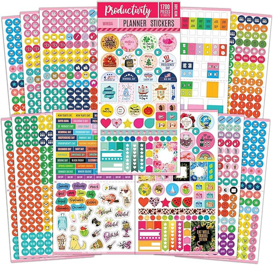 Mirida Planner Stickers – 1700 Productivity Mini Icons for Adults Calendar – Work, Daily To Do, Budget, Family, Holidays, Journaling – Variety Pack with Monthly Tabs