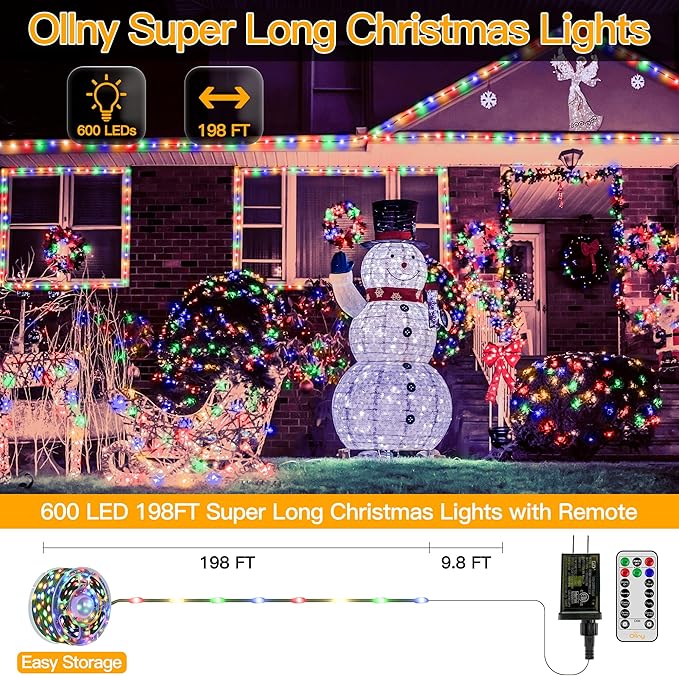 Ollny Christmas Lights, 198 FT 600 LED Outdoor Waterproof Plug in Christmas Tree Lights with 8 Modes Remote Timer, String Lights for House Yard Outside Indoor Xmas Decorations Multicolor