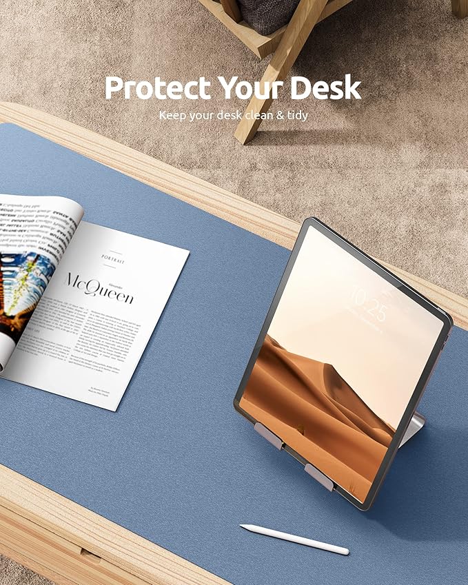 YSAGi Leather Desk Protector, Office Mat, Large Mouse Pad, Non-Slip PU Leather Blotter, Laptop Desk, Waterproof Writing Pad for Office and Home (Blue, 31.5" x 15.8")