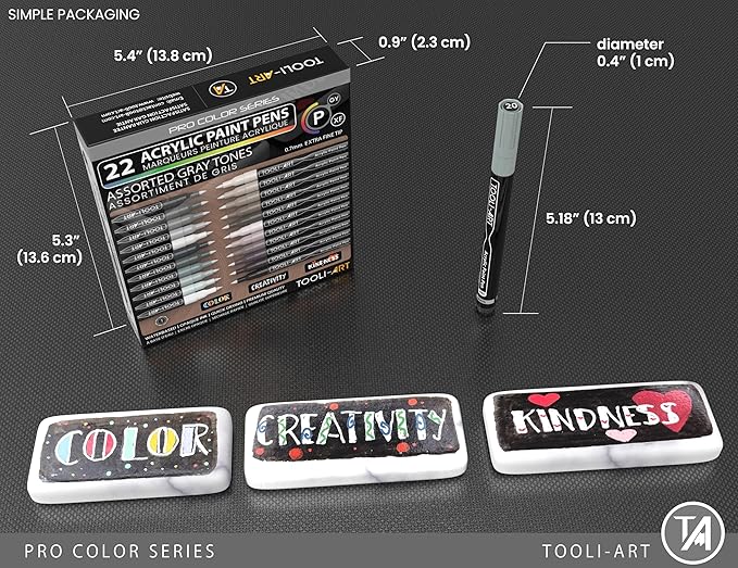 Acrylic Paint Pens 22 Gray Tones Assorted Pro Color Series Markers Set 0.7mm Extra Fine Tip for Rock Painting, Glass, Mugs, Wood, Metal, Canvas, Projects, Non Toxic, Waterbased, Quick Drying