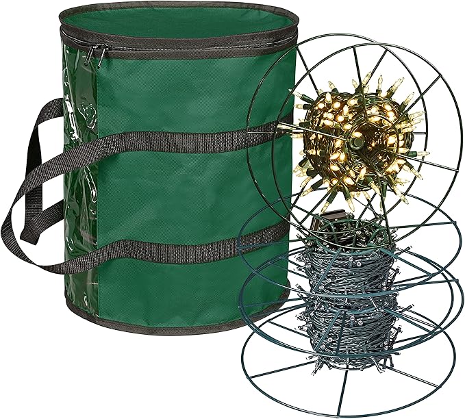ProPik Christmas Light storage Bag | Holiday Light Storage Organizer with 3 Metal Reels for Tree Lights & Extension Cords Constructed of Durable 600D Oxford Material with Clear PVC Window (Green)
