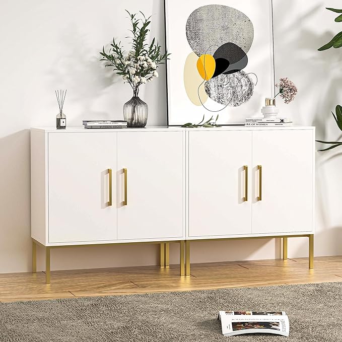 LYNSOM Storage Cabinet with Doors, Set of 2, Modern Buffet Cabinet with Storage, Kitchen Sideboard Buffet, White Wood Accent Cabinet for Living Room, Bedroom, Hallway, Entryway, Office, White