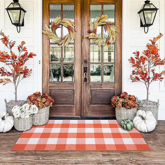 Orange and White Plaid Rug, 24'' x 51'' Fall Front Door Decor Mat, Cotton Washable Hand-Woven Door mat for Layered Doormat, Autumn Halloween Thanksgiving Carpet for Porch, Entryway