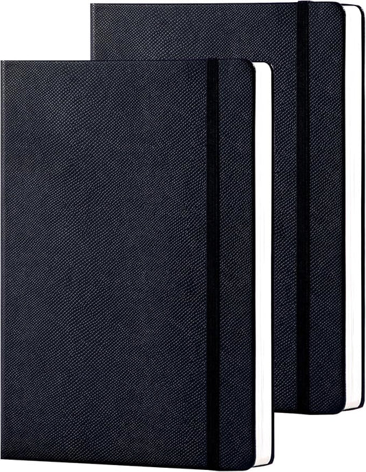 Lined Journal Notebooks for Work 2 Pack, 320 Pages, Medium 5.5 in x 8.5 in - 100 GSM Thick Paper, Hardcover Journal Leather Notebook for Writing & Note Taking, 2 Black